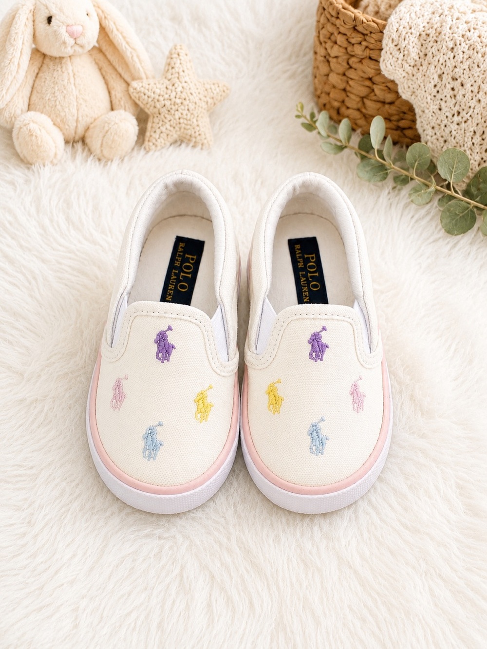 Polo Ralph Lauren Toddler Slip-On Sneakers White Pastel Pony Size 4.5
